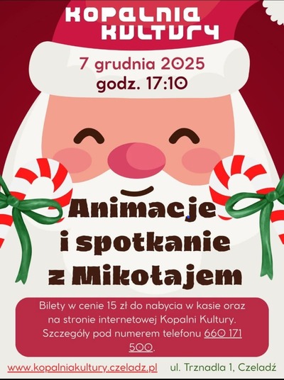 Plakat wydarzenia: Animacje i spotkanie z Mikołajem 